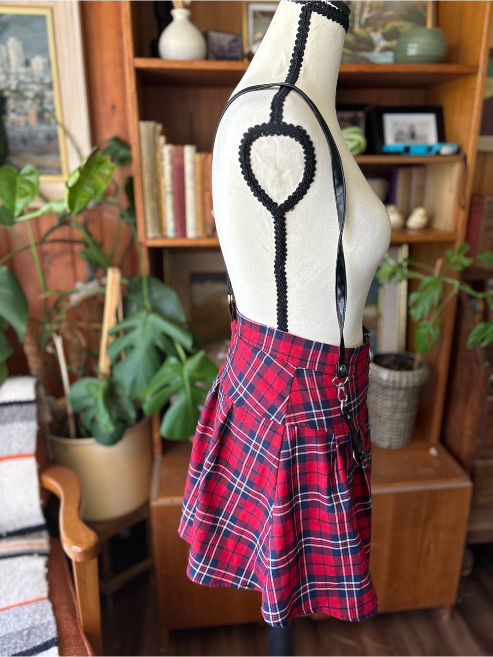 GOTH PUNK GRUNGE Red Plaid Suspender Pleated Cotton Mini Skirt O-Ring Zipper M - Picture 4 of 6